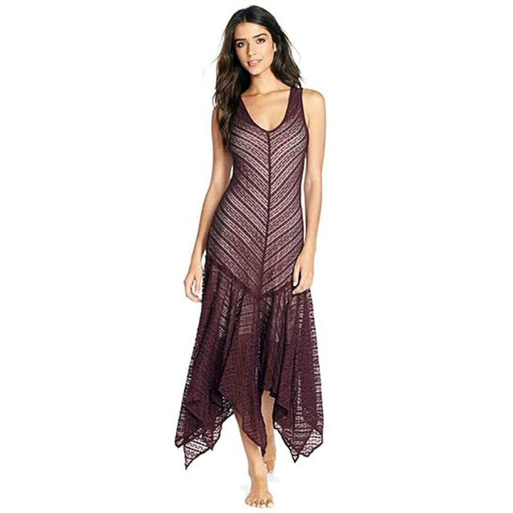 Free People Lila Maxi Dress XS Burgundy Boho Knit Sheer Festival Asymmetric Hem - Picture 5 of 15